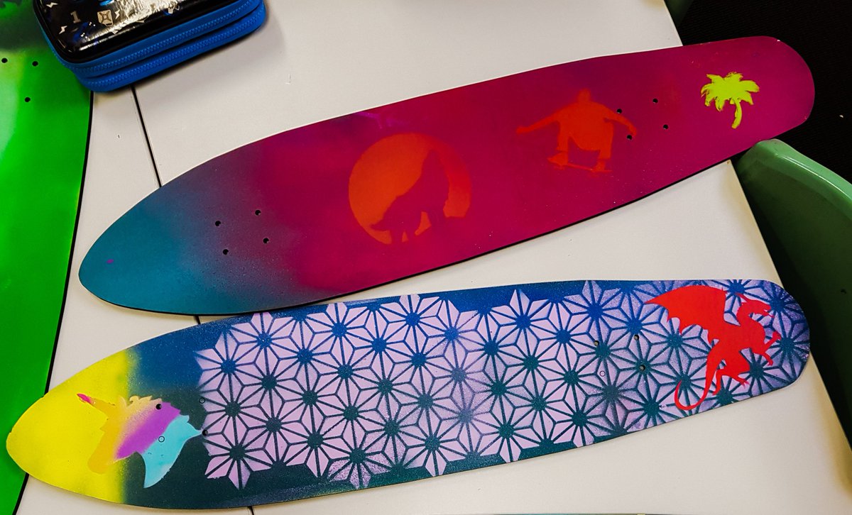 BGrade5's tweet photo. We have been learning about street art and graffiti. Yesterday we spray painted our own skateboards. We used bright colours and stencils to create good looking skateboards. We looked like surgeons wearing all the protective gear. #spraypaint #skateboards #EatSleepSprayRepeat🤪🛹 https://t.co/APjA1hvDdn