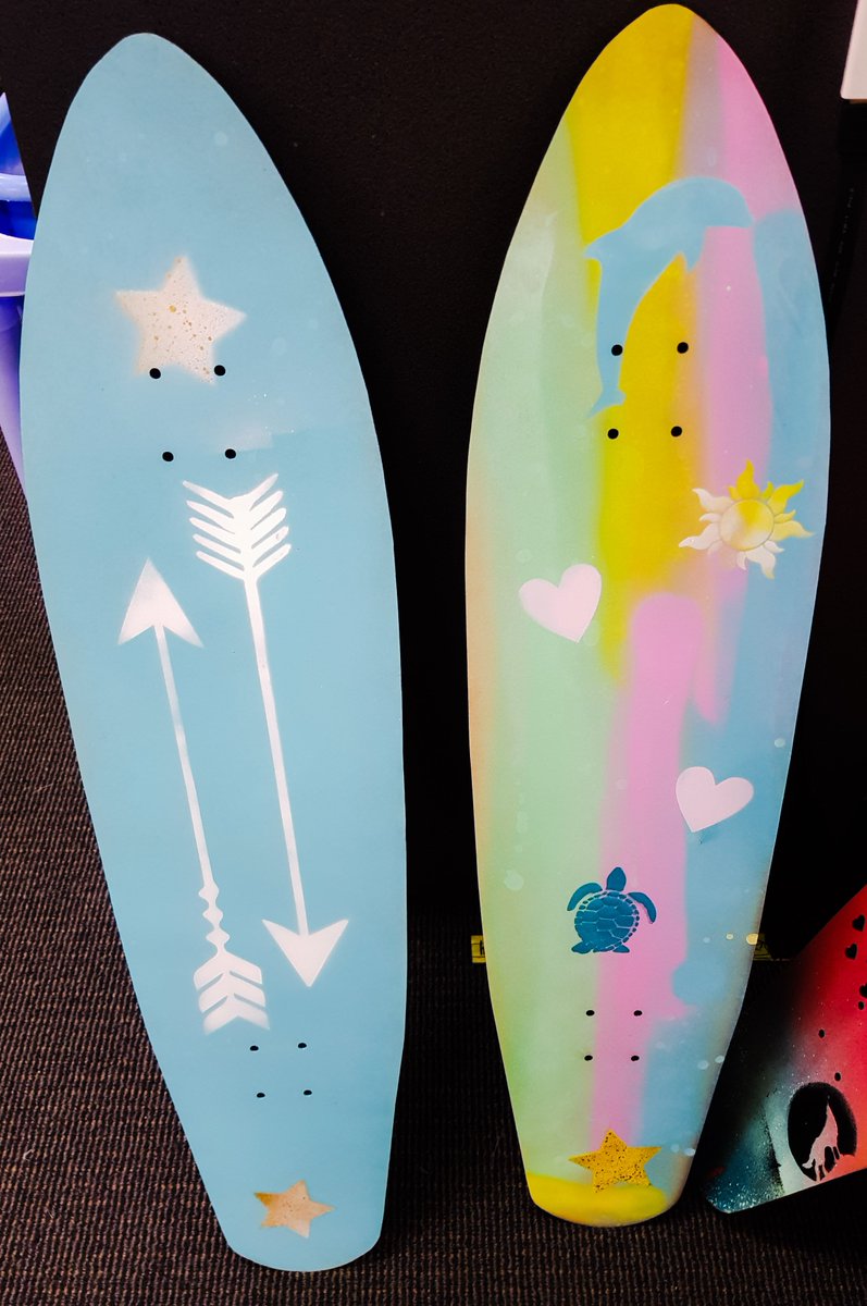 BGrade5's tweet photo. We have been learning about street art and graffiti. Yesterday we spray painted our own skateboards. We used bright colours and stencils to create good looking skateboards. We looked like surgeons wearing all the protective gear. #spraypaint #skateboards #EatSleepSprayRepeat🤪🛹 https://t.co/APjA1hvDdn