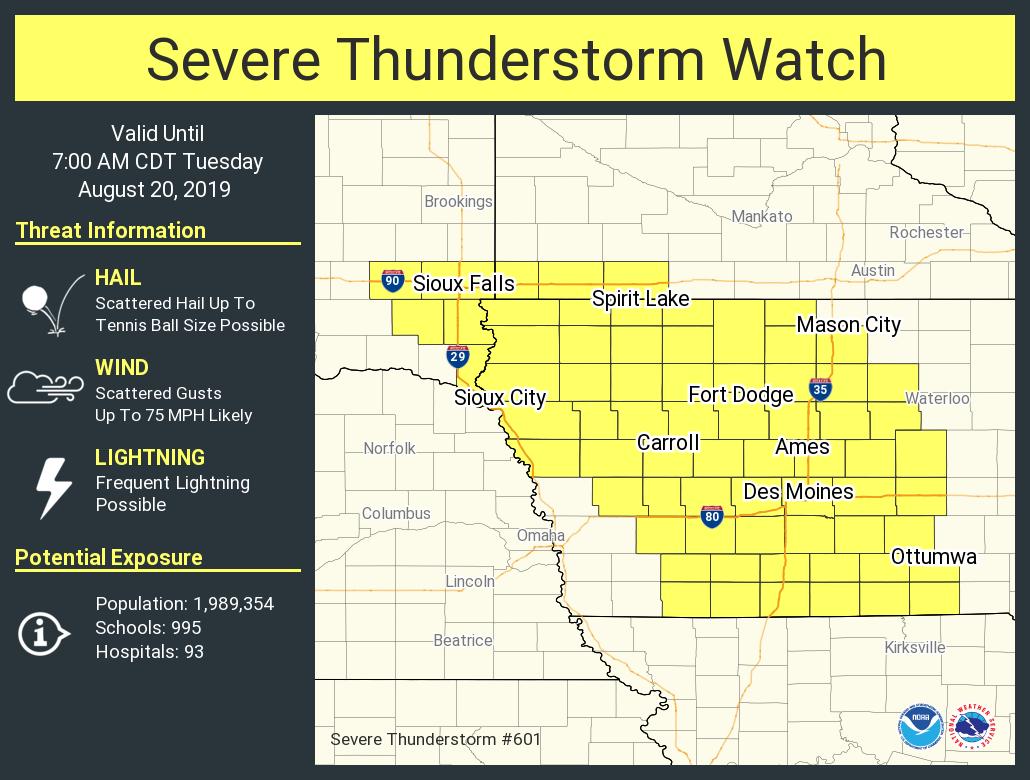 WEATHER ALERT: A severe thunderstorm watch has been issued for parts of Iowa, Minnesota and South Dakota until 7 AM CDT https://t.co/KRtOfjQTwQ