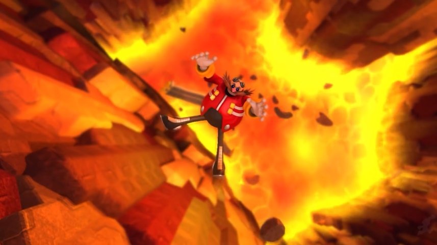 By the time they reach Lava Mountain, this leaves Sonic and Eggman... except he, along with Orbot and Cubot, seemingly fall off a bridge into the lava.