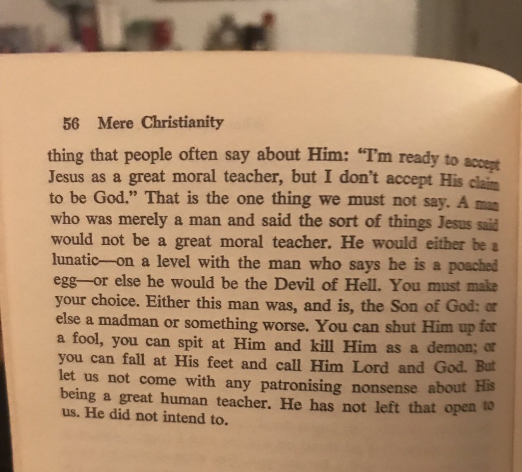 KatinOxford's tweet photo. The Trilemma! Or, Lucy’s problem—either there is a magical land in the wardrobe, Lucy’s crazy, or a liar. Either Jesus is who He says, a liar, or a madman. I love the elegance of the Trilemma, but I do think it is kind of a simplistic. What do you think? #CSLewisBookClub https://t.co/5iK1iJ1Pdm