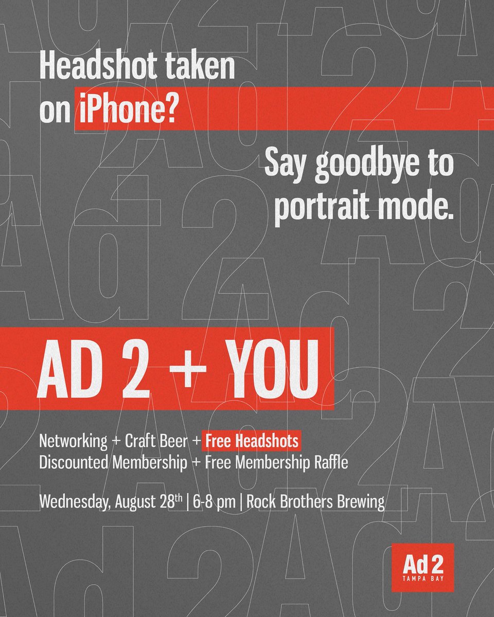 Ad2TampaBay's tweet photo. Join us at Ad 2 + You: A gathering of young advertisers &amp; creatives for some free professional headshots. We’ll be raffling off an Ad 2 Tampa Bay membership, offering membership discounts, &amp; sippin’ on some of the best craft beer we’ve ever tasted. RSVP: https://t.co/0SEhWA0wnC https://t.co/mSTBSDqgLy
