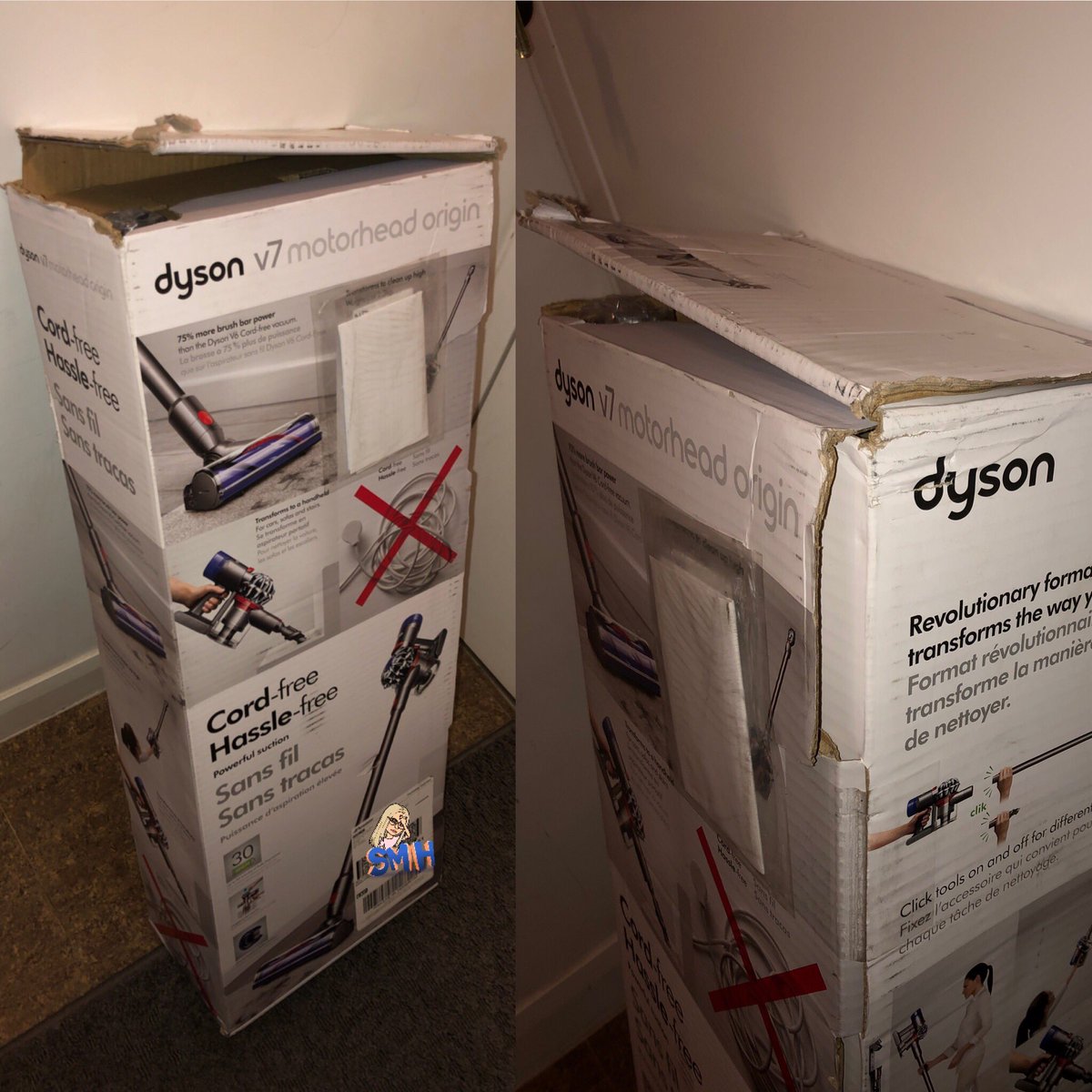 CanadianQueenBE's tweet photo. Yo @PurolatorInc @hudsonsbay @Dyson you guys really need to work together to ship these better! TWO vacuum boxes have now arrived damaged... how do I know the parts inside aren’t as well?!? 👎🏼 #Unacceptable #PleaseDoBetter https://t.co/ttRHUfT1Yy