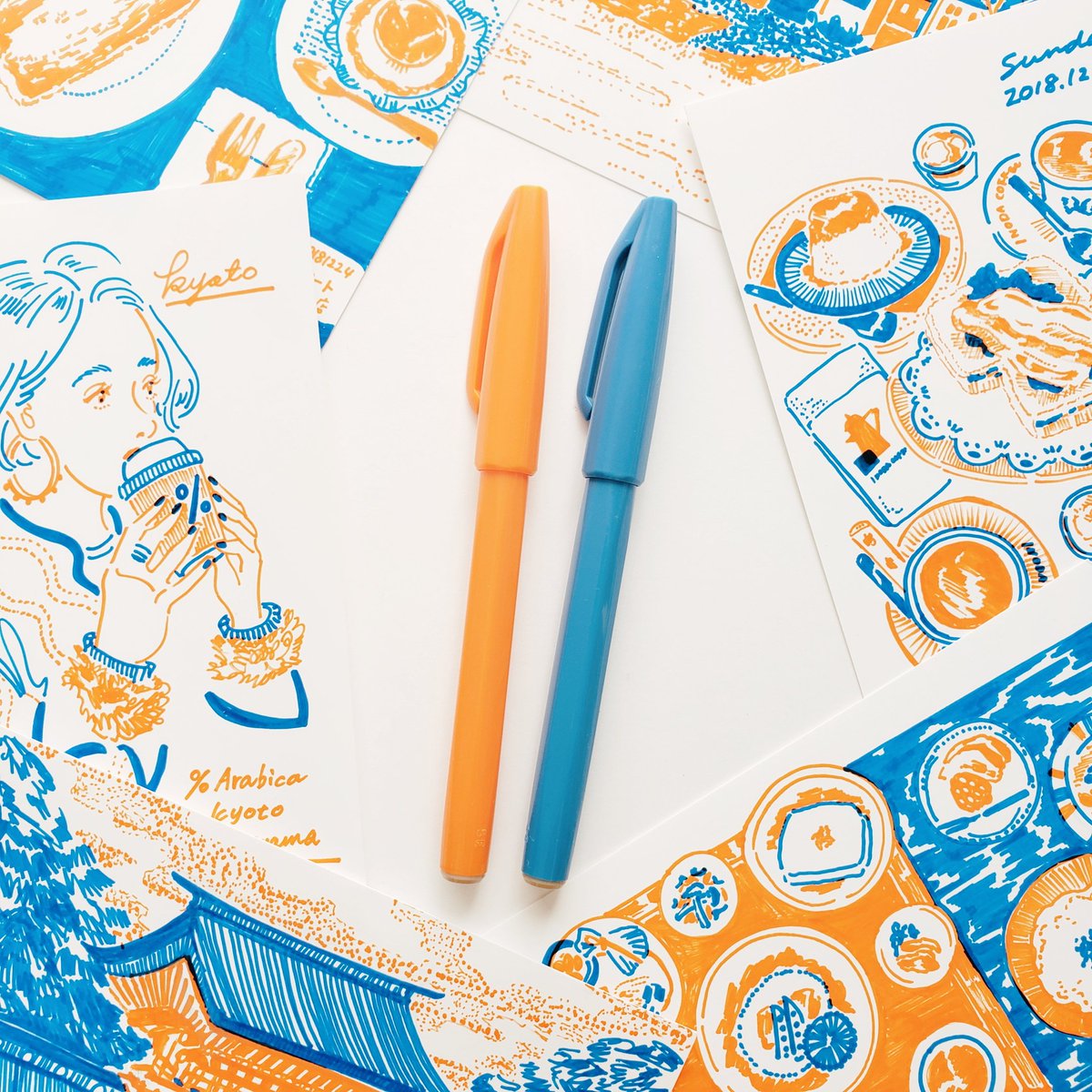 「ぺんてるさんのサインペン。
旅行の際はいつもサインペン数色とハガキサイズの用紙を」|ニシイズミユカのイラスト