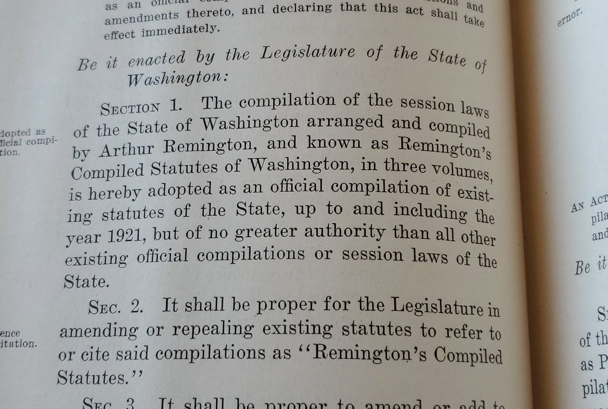DZable's tweet photo. Where did the RC in RCW come from? From Arthur Remington, of course!  In 1921 he compiled all of the Washington laws into Remington's Compiled Statues! #waleg #policynerd https://t.co/Or34sE8CxK