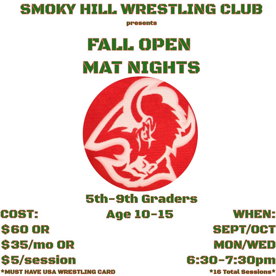 smoky_wrestling's tweet image. We are excited to announce the creation of the Smoky Hill Wrestling Club! 

Informational meeting on Sept 4th, first practice on Sept 9th. All check payable to Smoky Hill Wrestling. 
*MUST HAVE A USA WRESTLING CARD TO PARTICIPATE
DM with questions, hope to see you there! #SHWC