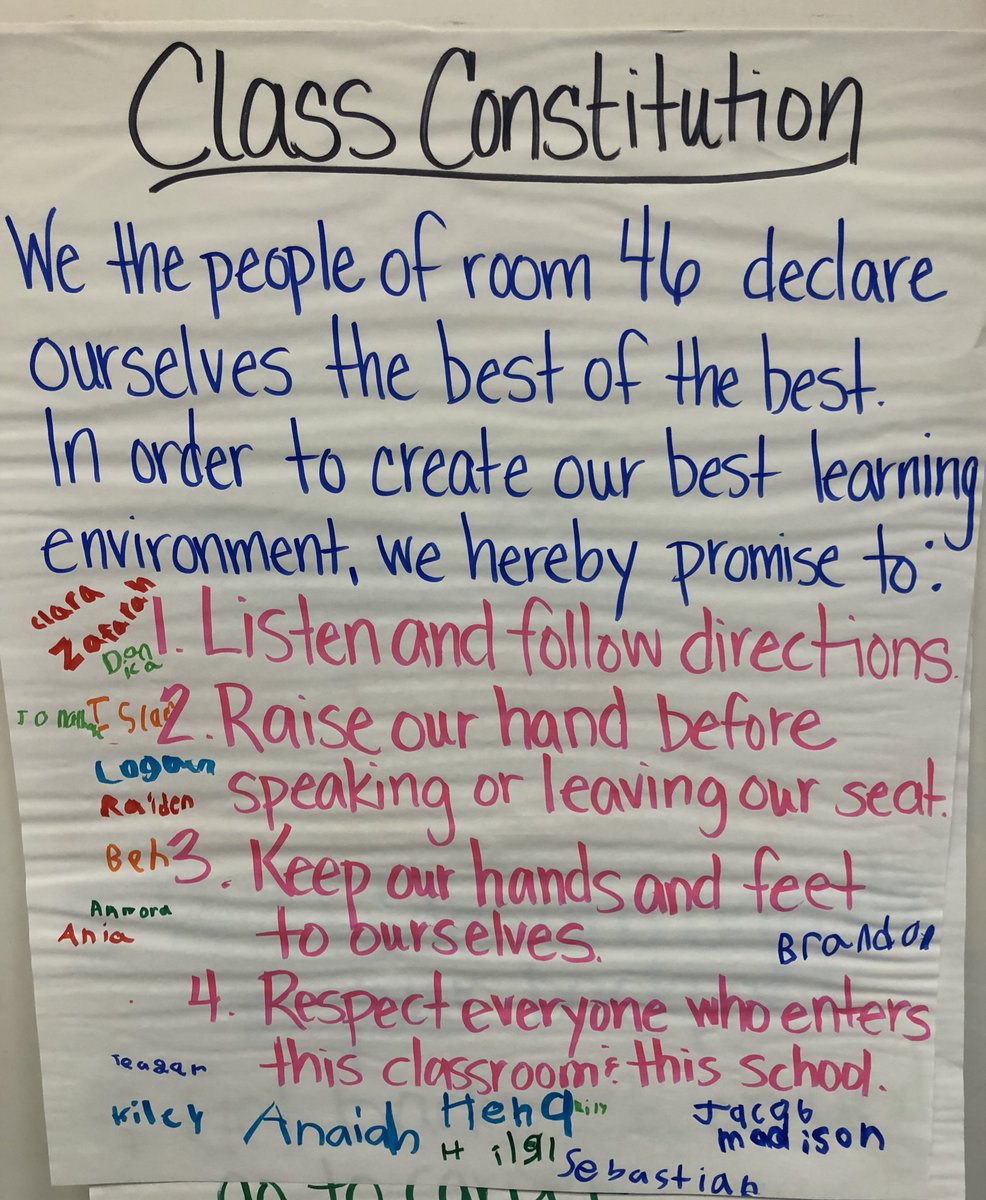 PuckettTeach's tweet photo. I definitely had to give a mini lesson on what the Constitution was and it still probably went over their 7 year old heads but the nerd in me is so in love with our new class rules chart. We decided on the rules together last week! #conwayleaders #classconstitution https://t.co/yfvXzydlFg