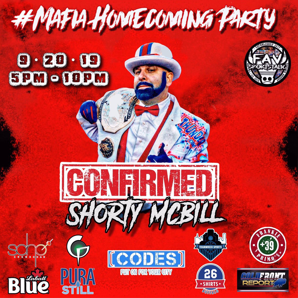 mafiahomecoming's tweet photo. It has been confirmed..... Super Fan Daniel McMahon aka.Shorty McBills will be attending the #billsMafia Homecoming Party on September 20th @SoHoBuffaloNY
Tickets are selling fast.....https://t.co/LmwTZSczmY
#MafiaParty #ColdFrontReport #codessocks #26shirts https://t.co/PEz5eZoOQ8