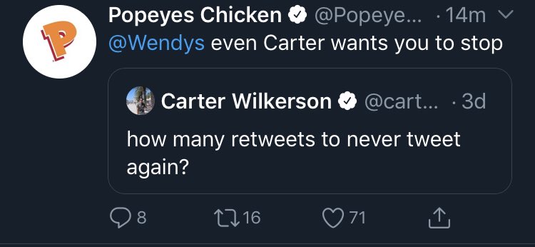 @PopeyesChicken lol, it literally took you three times to even properly format a tweet. It’s been a big day, it’s ok to logoff.