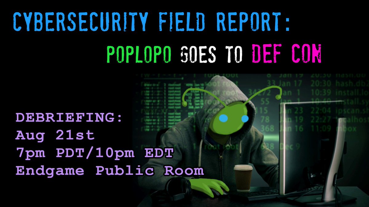 This week on Endgame, Poplopo reports back from the biggest annual hacker conference in the world! What's new in the realm of cybersecurity, biohacking, and IoT? Find out on Endgame this Wed at 7pm PT / 10pm ET in <a href="/VRChat/">VRChat</a>