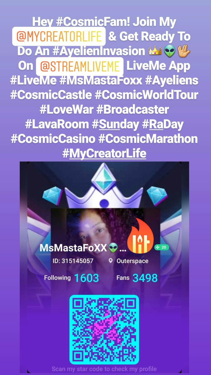 msmastafoxx's tweet photo. Hey #CosmicFam! Join My @MyCreatorLife &amp; Get Ready To Do An #AyelienInvasion 👑👽🖖 On @streamLiveme LiveMe App #LiveMe #MsMastaFoxx #CreatorFoxx #Ayeliens #CosmicCastle #CosmicWorldTour #LoveWar #Broadcaster #LavaRoom #Monday #MoonDay #CosmicCasino #CosmicMarathon #MyCreatorLife https://t.co/Myug8iP9ll