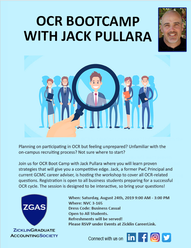 ZGAS's tweet photo. Planning on participating in OCR but feeling unprepared? Unfamiliar with the on-campus recruiting process?

Join us on August 24th for OCR Boot Camp with Jack Pullara where you will learn proven strategies that will give you a competitive edge. 

RSVP via GCMC portal. https://t.co/rmE6J0IdyU