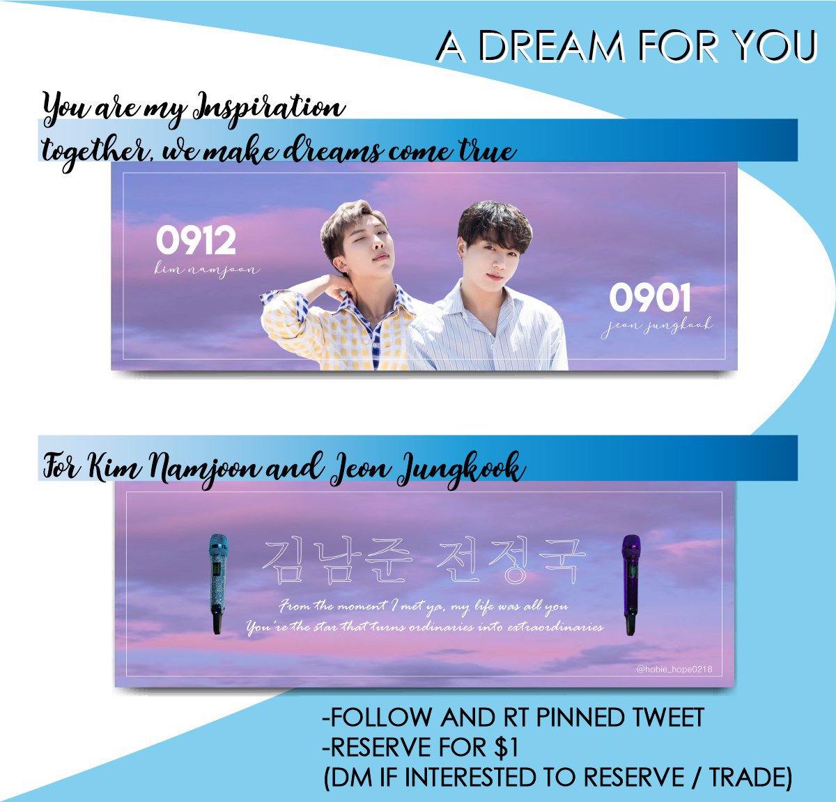hobie_hope0218's tweet photo. 🌺 A DREAM FOR YOU 🌺
"you're my inspiration, together, we make dreams come true"
-FS for namkook
<banner 30x10cm> - 💜
° Follow me
° RT pinned tweet
°Reserve for $1 (limited quantity for each event)
❣️Thank you for all the support you show to my namkook fansupport ~ https://t.co/5vkbzIl3BJ