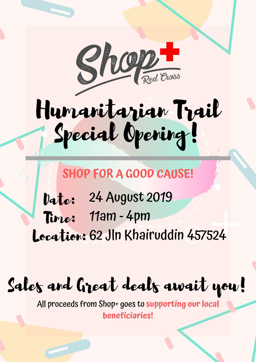 SGRedCross's tweet photo. Calling all Easties!! Our Shop+ at Jalan Khairuddin will be open this Saturday from 11am - 4pm! Be sure to come by this Saturday! A shout-out to the Red Cross Youth Cadets from Tanjong Katong Girls School for this beautiful poster! #redcrossyouth #shopplus https://t.co/RyfKkVQRX5