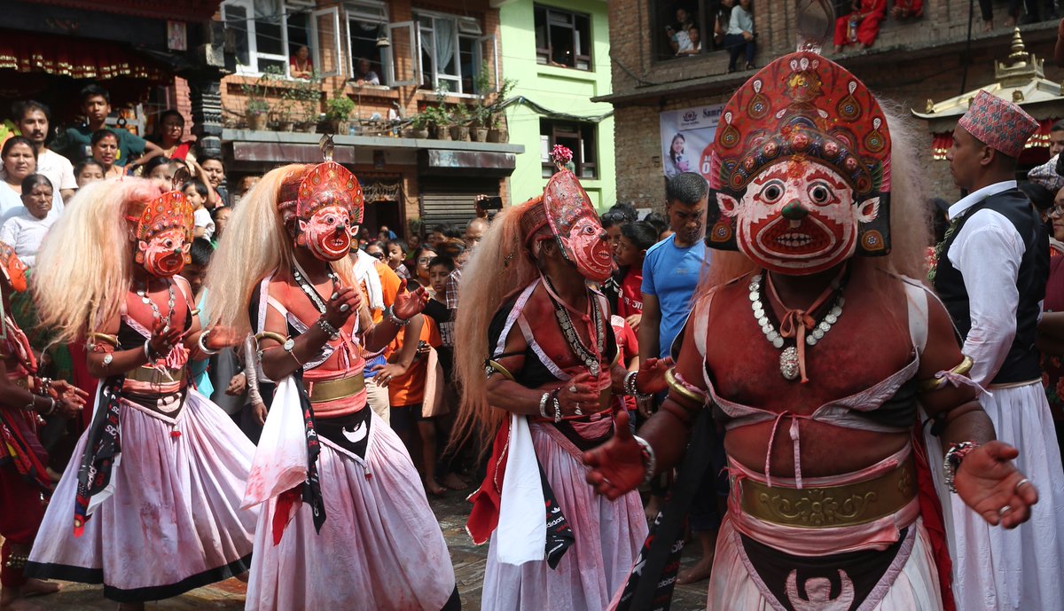People celebrate Nil Barahi dance festival in Nepal, with dancers posing as various deities that people worship to seek blessing