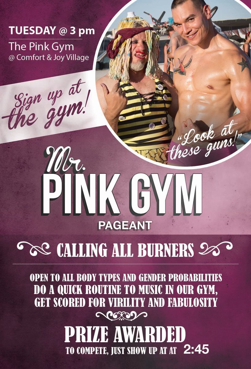 ThePinkGym's tweet photo. The “Mr. Pink Gym Pageant” Returns on Tuesday, Aug 27, 2019 at @comfort_and_joy - 7:30 & Diana ~ #BlackRockCity #BurningMan
#Queer_Burners #InDustWeTrust #BlackRockCitizen #Playajoy #GayBurners @queer_burners https://t.co/jDAjjxb4Yb