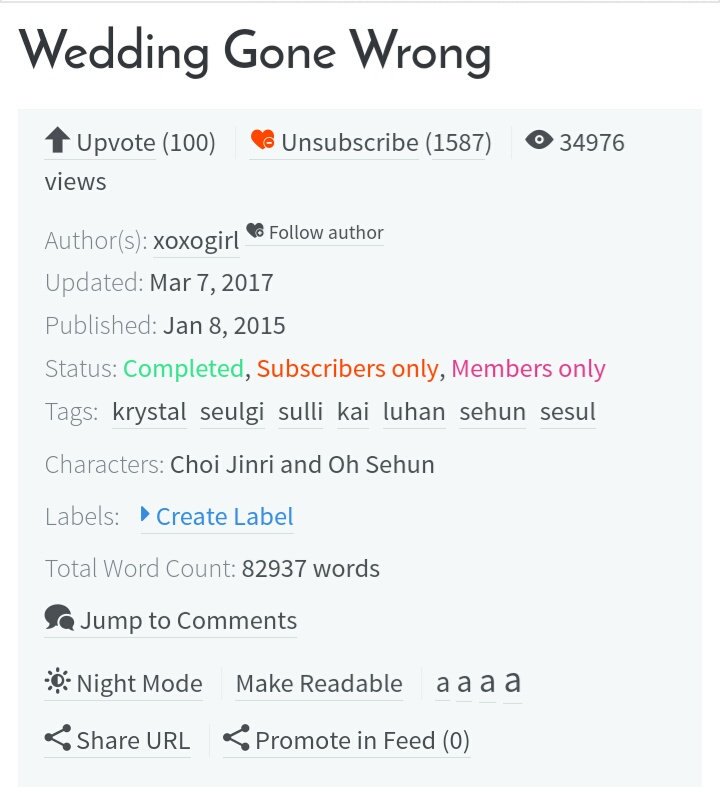 Wedding Gone WrongCompletedOh Sehun x Choi JinriRomance, angst https://www.asianfanfics.com/story/view/890779/wedding-gone-wrong