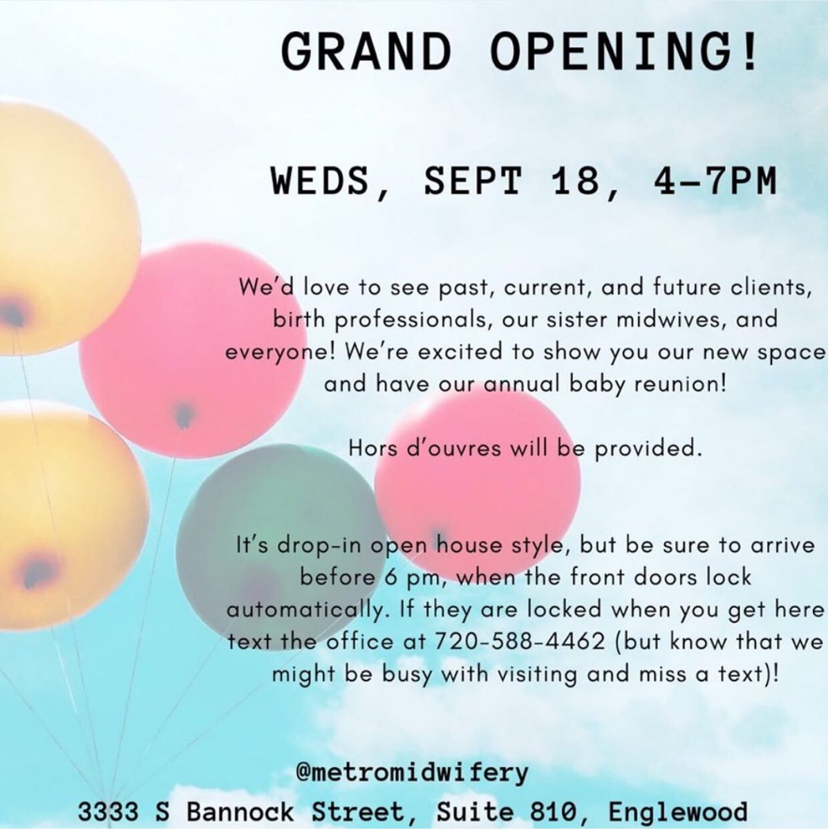 MetroMidwifery's tweet photo. Come to our #GrandOpening - we can’t wait to show our clients (past, present and future), #birth pros, colleagues and friends our beautiful new space. 🏙 See you there! #Denver #DenverSmallBusiness #midwives #DenverMidwife #metromidwifery #doulas #DenverBirth #DenverMoms #midwife https://t.co/nNlJBnm56Q