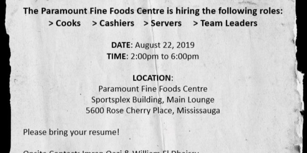 ParamountFoods's tweet photo. Paramount Fine Foods Centre is hosting a Job Fair on August 22, 2019. https://t.co/uVZCy9ezMy
#ParamountFineFoods #Talentuesday #teamtuesdays #jobshiring #hiring #mississuaga #PFFC #ParamountFineFoodsCentre #Jobfair https://t.co/54ZPW7zddj