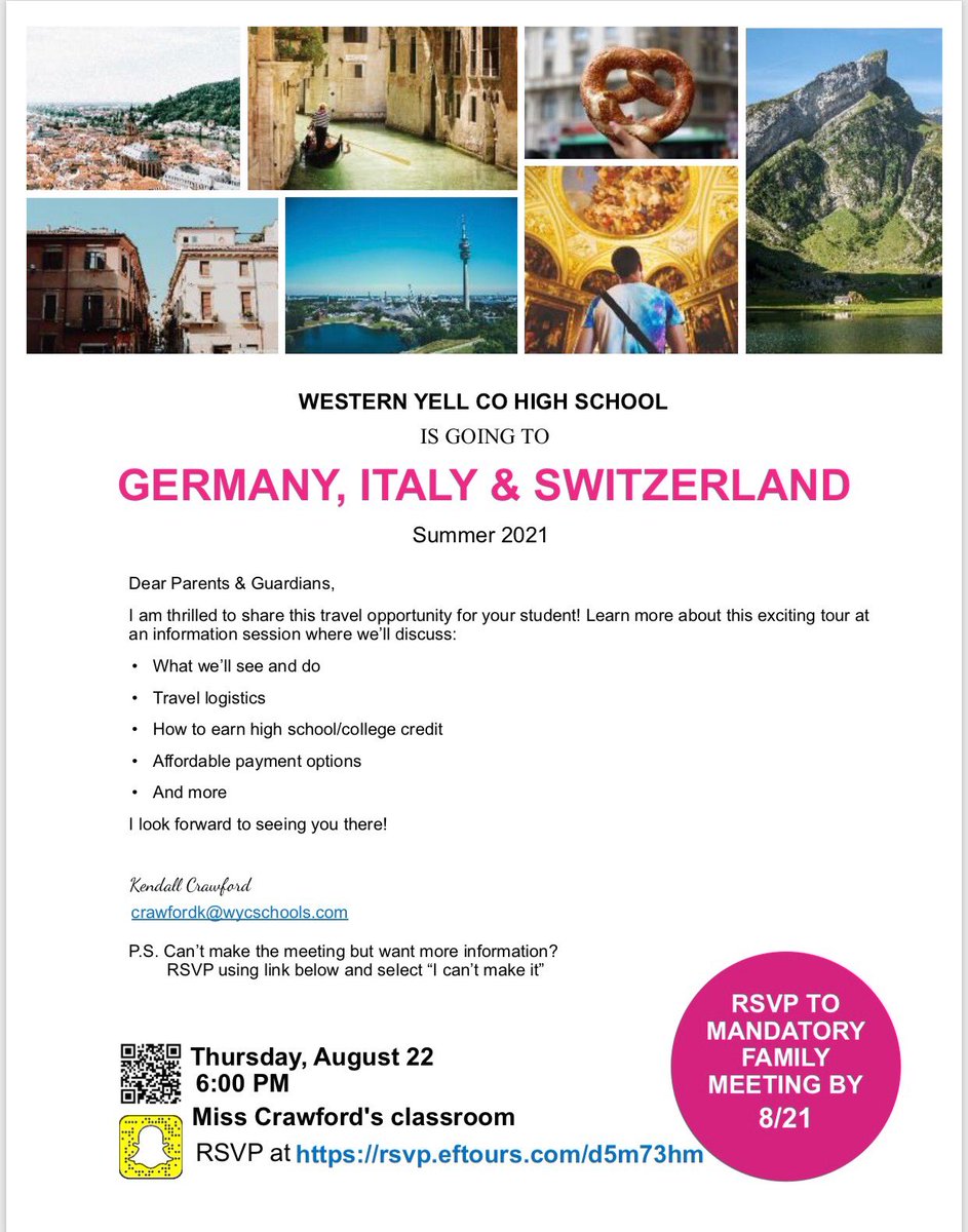 WYCWolverines's tweet photo. If you have any interest please attend this meeting. It’s the chance to take the trip of a lifetime.  Contact Kendall Crawford at WYC High School. You can email her at crawfordk@wycschools.com https://t.co/9lX97jPfB4