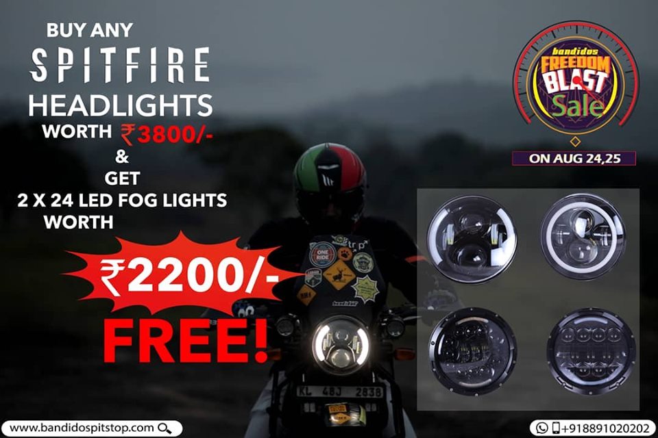 bandidostweet's tweet photo. A combo you should never miss! Buy any Spitfire 7 inch LED Headlights on #bandidosfreedomblastsale and get 2*24 LED Auxiliary lights worth 2200/- absolutely free. . Just a few more days to go for India's biggest Motorcycle Accessories sale. Stay tuned.
.
.
.
#saleisback #bandidos https://t.co/WoRSWNgbil