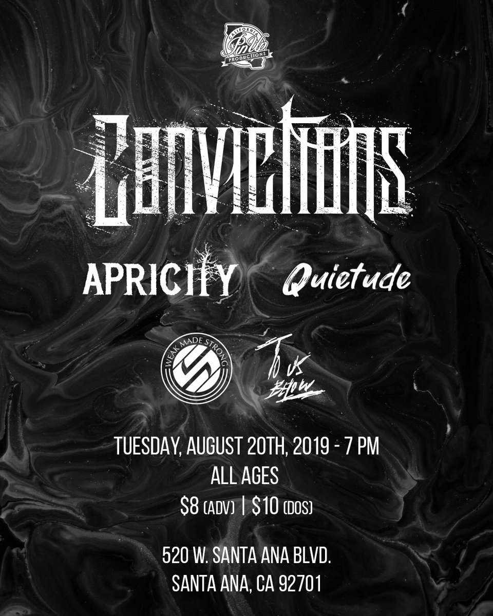 PinUpPresents's tweet photo. VENUE CHANGE 

Tuesday, August 20th at PBWLA in downtown SANTA ANA 

@ConvictionsRock / @__Apricity__ / #Quietude / #WeakMadeStrong / #ToBeUs 

All Ages / Bar and Kitchen 
$8 Advance 
$10 at the door 
Doors at 7pm 

Ticket link: https://t.co/GIcxIh3fIC… https://t.co/dkvVrd1k5Z