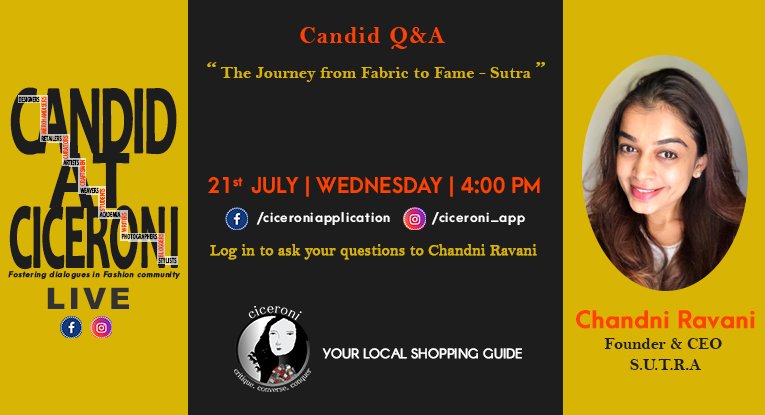 Ciceroni_App's tweet photo. Live #FashionTalk with Chandni Ravani from SUTRA - The Journey from Fabric to Fame 

Make sure you present tomorrow at 4 PM on #Ciceroni Facebook or Instagram Channel. 

Click to know more: https://t.co/ZTrfQVq1q7 @townscript #yourlocalshoppingguide https://t.co/a6O8ZCqzmy