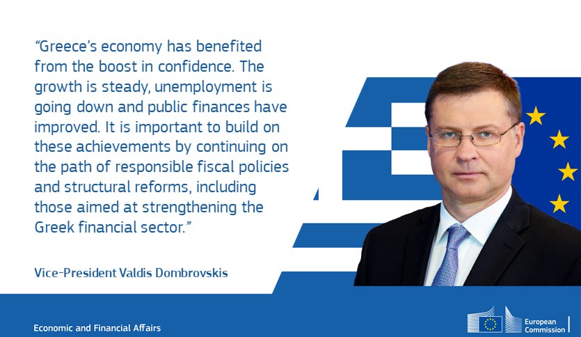 VDombrovskis's tweet photo. One year ago #Greece completed its stability support programme. Greece’s economy has benefited from reforms and the boost in confidence 👉🏻 https://t.co/Lvyl6nvZrH . Important to build on these achievements by pursuing responsible fiscal policies and ambitious reforms. 🇬🇷🇪🇺 https://t.co/nTGcVSPSkS