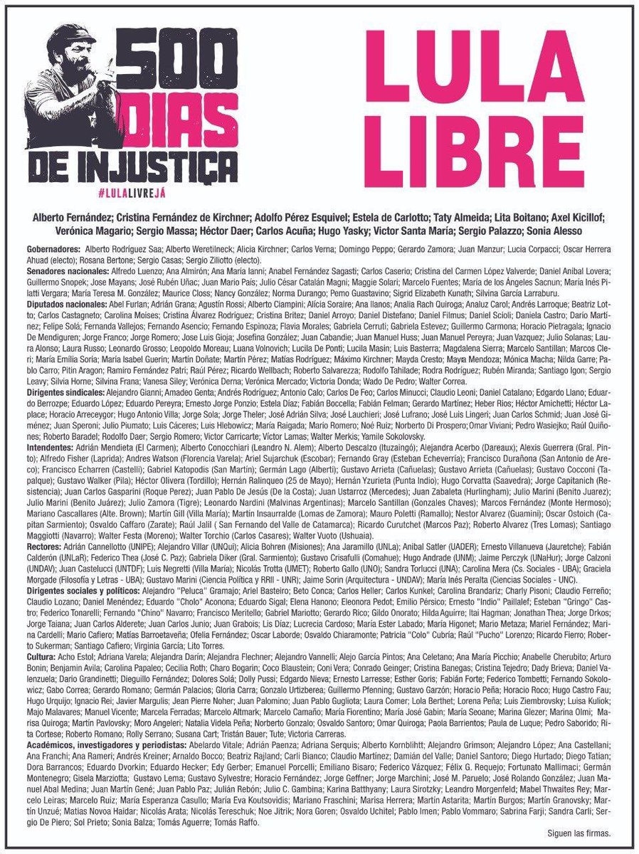 GustavoLema_'s tweet photo. 👉🏽500 dias de injusticia 
👉🏽500 dias de uso de la justicia como forma de proscripción 
👉🏽500 días de prisión ilegal

 ⚖️#LulaLivreJa 
Solicitada en Argentina x #LulaLibre #LulaLivre #FreeLula
#500InjusticeDays

@dilmabr https://t.co/irb2RChzOf