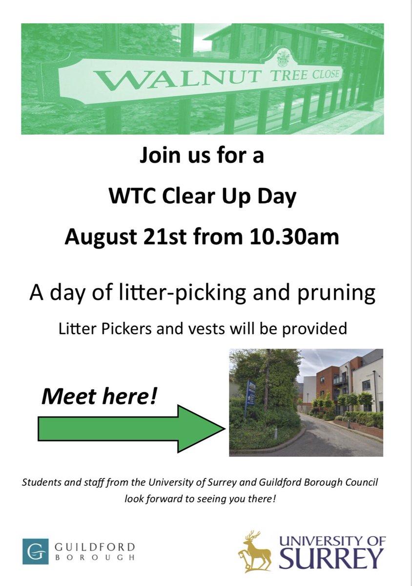 SurreyStudentsUnion (@surreyunion) on Twitter photo Help out in tomorrow's Community Clean Up Day! We would love to see as many students, staff and residents as possible taking part at Walnut Tree Close.
Find out when and where to meet below <a href="/ussucommunity/">VP Community</a> <a href="/UniOfSurrey/">University of Surrey</a> <a href="/GuildfordBC/">Guildford Borough Council</a> Help out in tomorrow's Community Clean Up Day! We would love to see as many students, staff and residents as possible taking part at Walnut Tree Close.
Find out when and where to meet below <a href="/ussucommunity/">VP Community</a> <a href="/UniOfSurrey/">University of Surrey</a> <a href="/GuildfordBC/">Guildford Borough Council</a>