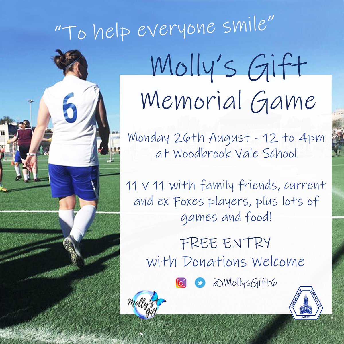 LboroFoxes's tweet photo. ‼️REMINDER‼️It's less than a week away until 'Molly's Gift' Launch and we'd like to invite all of our fox family to join us🦊

The main event will be the 1:30pm kick-off memorial game but the day will also be filled with lots of other activities going on throughout the day🙌 💙 https://t.co/lptzFitNY8