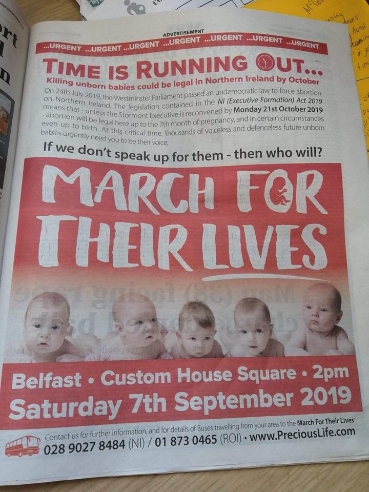 PreciousLifeCom's tweet photo. Our full page #MarchForTheirLives advert in The Irish News yesterday on page 11! Our unborn children need YOU to be their voice. We must stand strong for LIFE! ❤️💪🤰🏽
#SaveTheDate to #SaveTheirFate https://t.co/d5nS0jjQ52