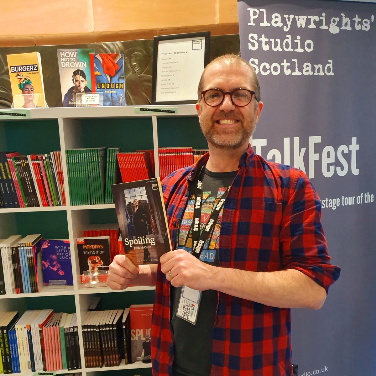 Pwrightsstudio's tweet photo. It's the start of the last week of the bookshop! 😭

6 days to get along to visit us at the @traversetheatre!

Here is John McCann with his play Spoiling!

John's play this year - Come Out from Among Them is on at @SweetVenues!

#TravFest19
#PlaywrightsWithPlays 
#WeHeartPlays https://t.co/o4Y1xbQT0I