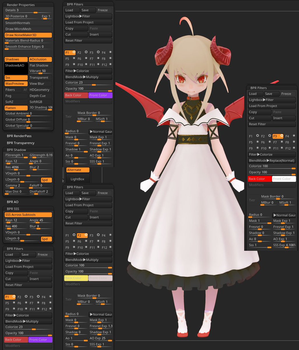 ちま Pa Twitter 今日 Zbrushのflat Colorマテリアルの新たな使い方を見つけた 色を塗りつけたイラストのような奴だ Flat Colorを選択し Shadow Ao Sssをオンにしてbprfilterでそれぞれ色を付けると色が付きやがた いったいおれ どうな て Zbrush T