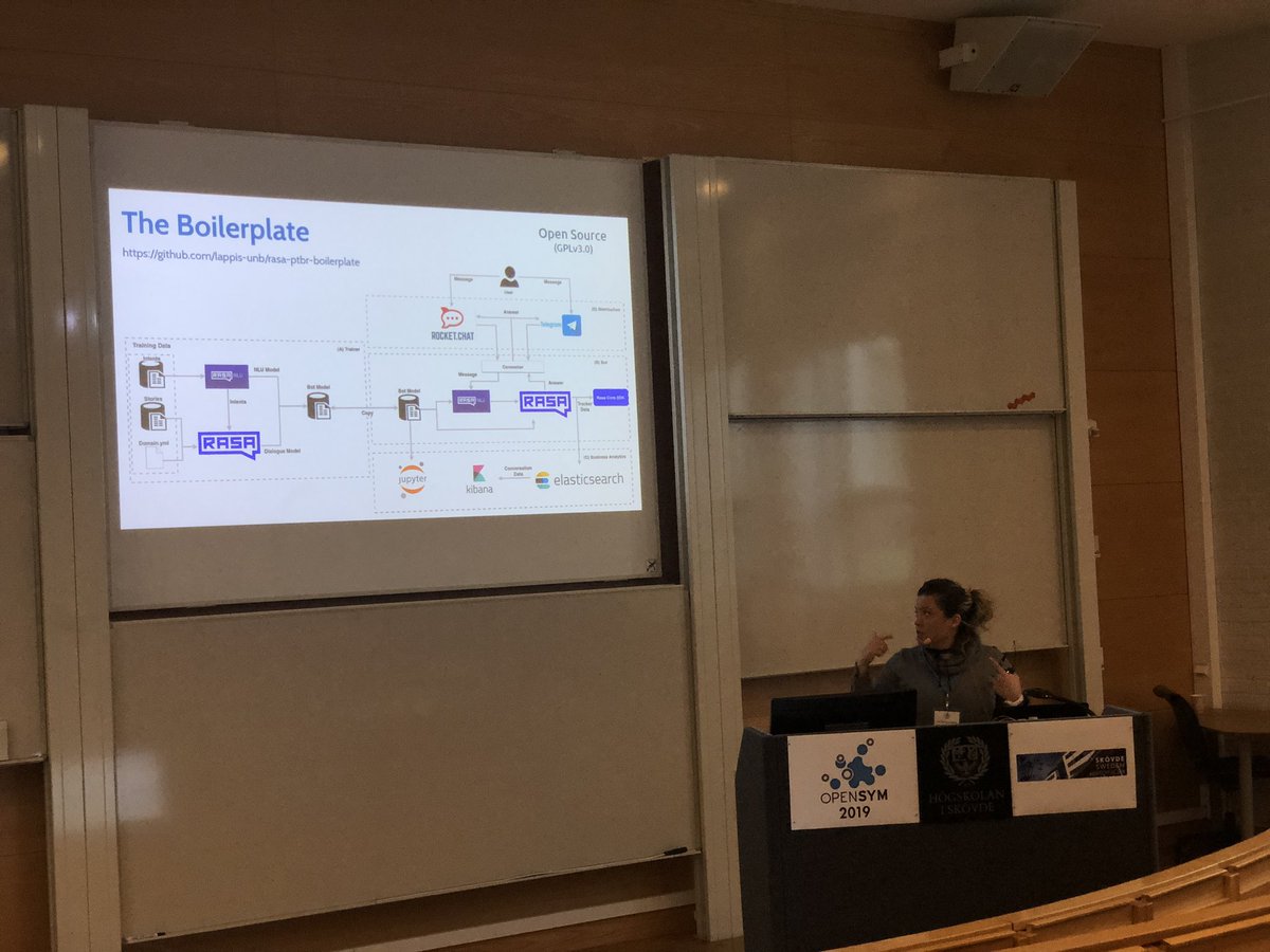 harnick's tweet image. Carla Aguiar talks about developing open source chatbots at #opensym