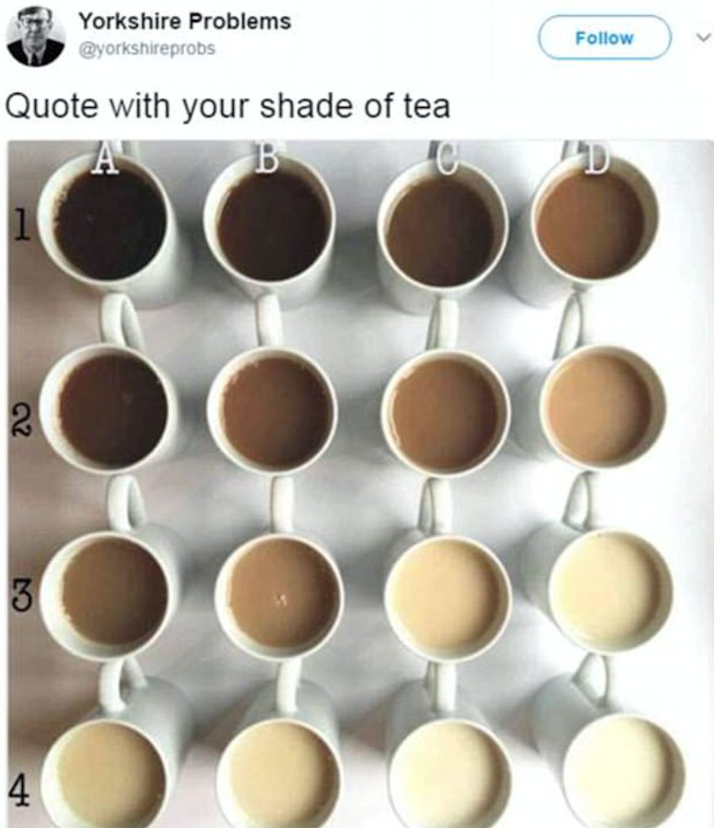 WoodseatsHAY's tweet photo. Which shade of cup of tea are you???

#LoveACuppa https://t.co/7FZLStODI6