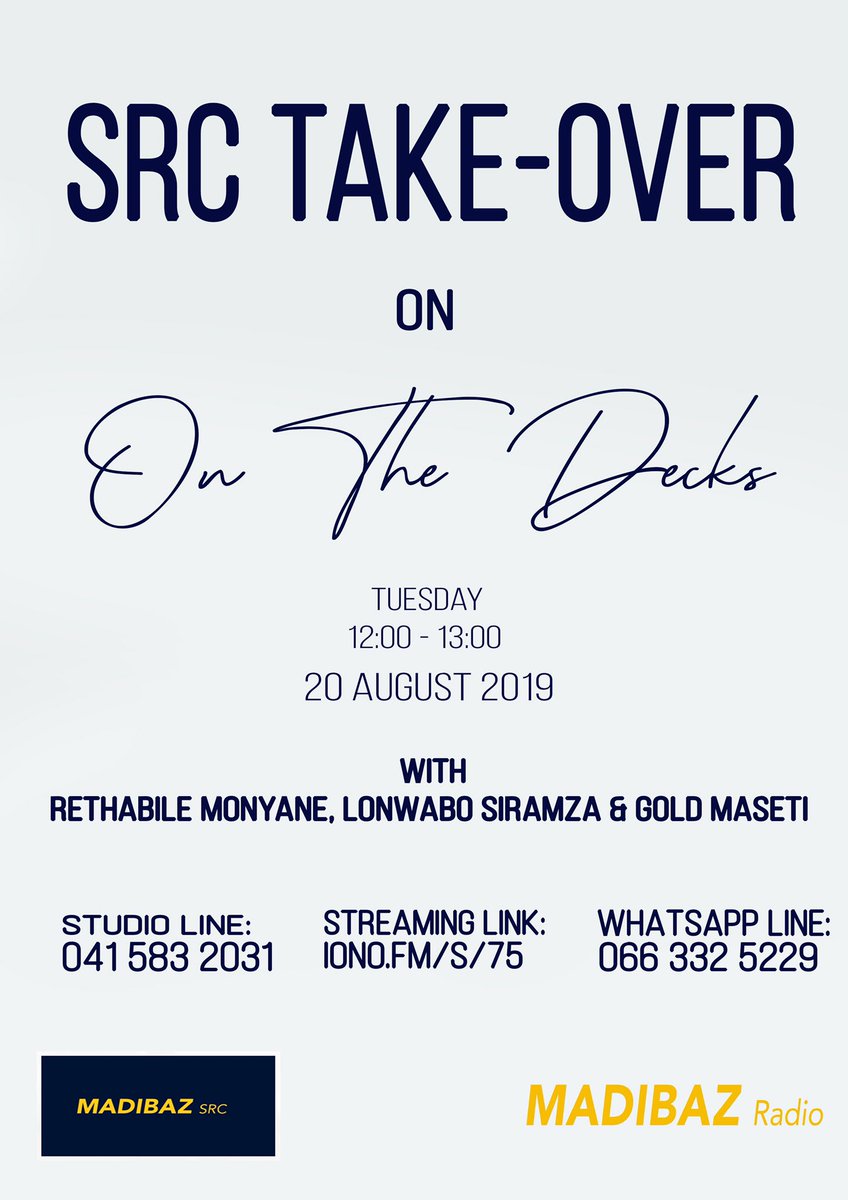 MadibazRadio's tweet photo. You are now tuned in to #OnTheDecks with your guest hosts @Siray_ray and @Gold_Maseti only on the best youth station in the Bay!
Click link to listen live:
https://t.co/IEWbQCKzj8
#SRCTakeover
#MadibazSRC
#MadibazRadio https://t.co/cdIdYepIlU
