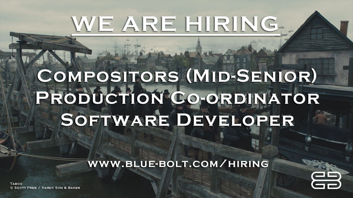 We are on the lookout for new talent here at <a href="/BlueBoltVFX/">BlueBolt</a> BlueBolt! If you are a mid-senior compositor, production co-ordinator or software developer, applications are now open. Visit blue-bolt.com/hiring for more info on these roles and to apply #VFX