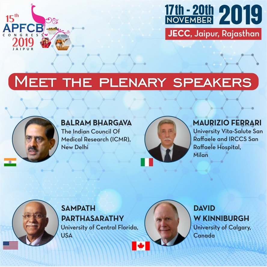 Apfcb2's tweet photo. APFCB 2019 announces the plenary speakers for its annual conference, scheduled for November 17-20 at JECC Jaipur. 

Register yourself today at https://t.co/FGaCu6eO4l

#healthcare #pharma #technology #global #summit #tech #bio #biochemistry #biotech #medical #biochem #conference https://t.co/Ge1DWPtecO