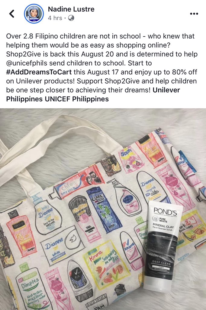 JaDineNATION's tweet photo. Over 2.8 Filipino children are not in school - who knew that helping them would be as easy as shopping online? Shop2Give is back and is determined to help @unicefphils send children to school. Start to #AddDreamsToCart and enjoy up to 80% off on Unilever products! #NadineLustre https://t.co/PRTqnIzgLn