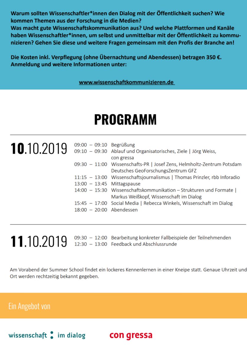 congressa's tweet photo. Warum den Dialog mit der Öffentlichkeit suchen? Wie kommen Themen aus der #Forschung in die #Medien? Was macht gute #Wisskomm aus? Gemeinsam mit @wissimdialog bieten wir dazu zweitägige Weiterbildungen an: https://t.co/YyXNBVR67R https://t.co/yHep7Qpsg0