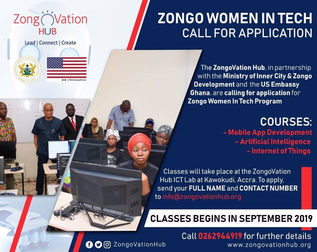 ZongoVationHub's tweet photo. Application closes tonight at 11.59PM (GMT). Selection Bootcamp on Saturday August 24, 2019 at the ZongoVation Hub ICT Lab at Kawokudi, Accra. @_GenUnlimited @MustaphaHamid @USEmbassyGhana
#ZongoImpact #ZongoWomenInTech #ZongoCoders #SheCanCode #ZongoSkills #Zongo2030 https://t.co/wWvf47Piza