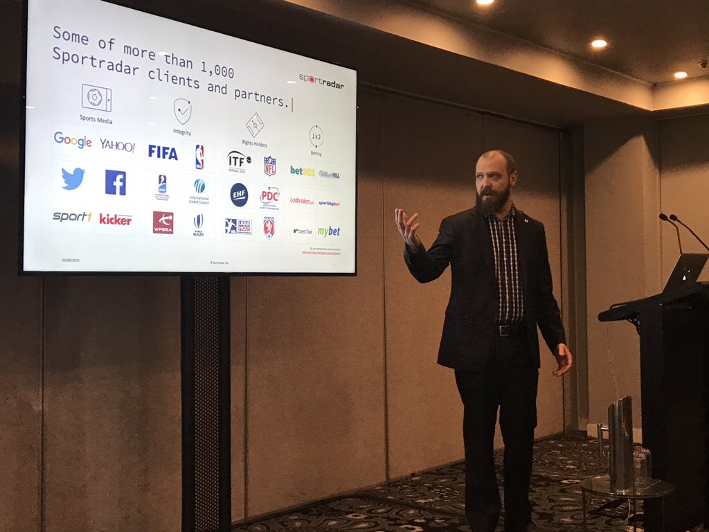 kerrypeachey's tweet photo. #Intelligence2019 #AIPIO Interesting tour through the world of match fixing and illegal betting (and why soccer/football is such an issue) with Dean Bastin from Sportsradar! https://t.co/Gotuuac3vV