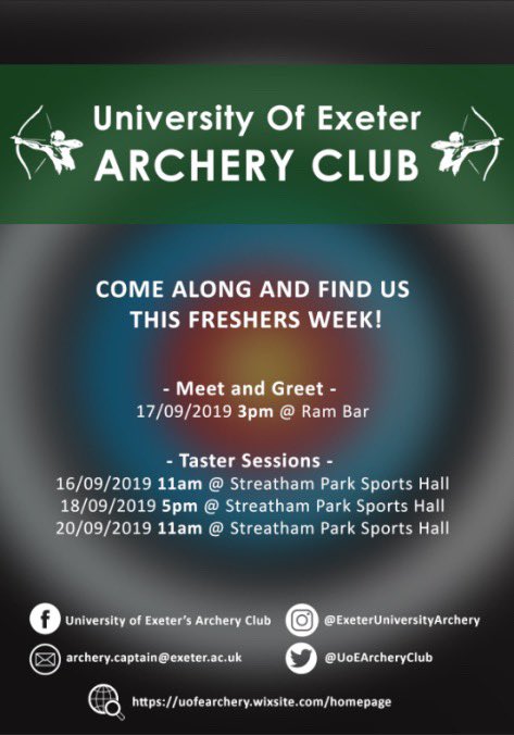 Fancy giving archery a shot during freshers week? Come along to one of our free taster sessions! No need to sign up, just come along! @UoEStudentSport <a href="/ExeAUPresident/">Exeter AU President</a> <a href="/archerygb/">Archery GB</a> <a href="/swwuarchery/">@SWWUarchery</a>