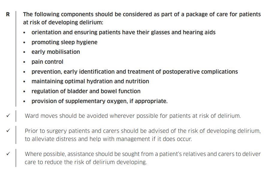 The risk of #delirium can be reduced by providing good fundamental care of vulnerable patients. 

Recommendations from the 2019 SIGN Guidelines on Delirium - see below.

Full guideline here: sign.ac.uk/assets/sign157…
