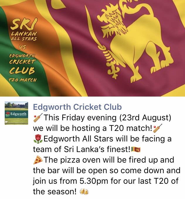 This Friday we have another great event at the Club for our Overseas Professional Umega. 

Edgworth All-Stars will take on a Sri Lankan XI and the game will have 15 First Class cricketers on show starting at 5.45pm. 

Please come down to support the event and ‘Megsy’!

😆🤩🥳😎