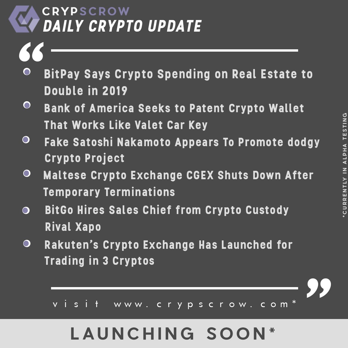 CrypScrow's tweet photo. #dailycryptoupdate #cryptonews #crypscrow #bitpay #crypto #spending #realestate #double #boa #patent #wallet #carkey #fakesatoshi #dodgy #maltese #cryptoexchange #cgex #shuts #bitgo #hires #saleschief #xapo #rakuten #threecryptos https://t.co/ymfsJChR3V
