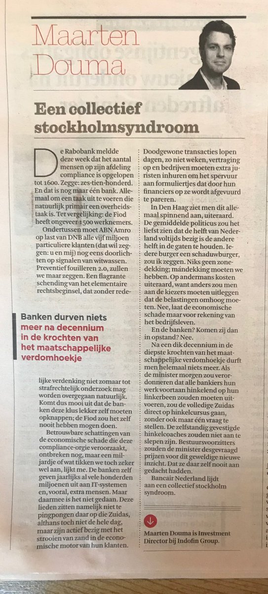rfrijters's tweet photo. Pracht column van ⁦@maartendouma⁩ in ⁦@FD_Nieuws⁩ Volkomen terecht kritiek op overheid en ⁦@DNB_NL⁩ En op de slaafse banken in NL. Beleid slaat helemaal door met gevolgen voor ons persoonlijk en de hele bankensector. ⁦@bankensector⁩ https://t.co/9Wfg71t7VN