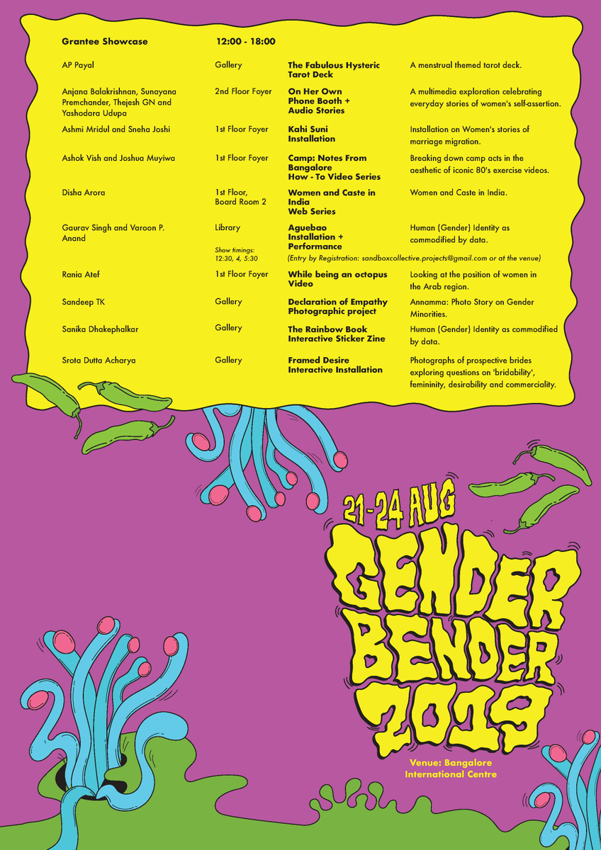 GI_Bangalore's tweet photo. Gender Bender 2019 kicks off tomorrow at @BIC_Blr with lots of exciting events, exhibitons and gender bending planned- you don't want to miss any of what's in store!

#MMBangalore #GenderBender #SandboxCollective #genderfestival #gender #bic
@Sandboxcollect https://t.co/t9h2FyXGza