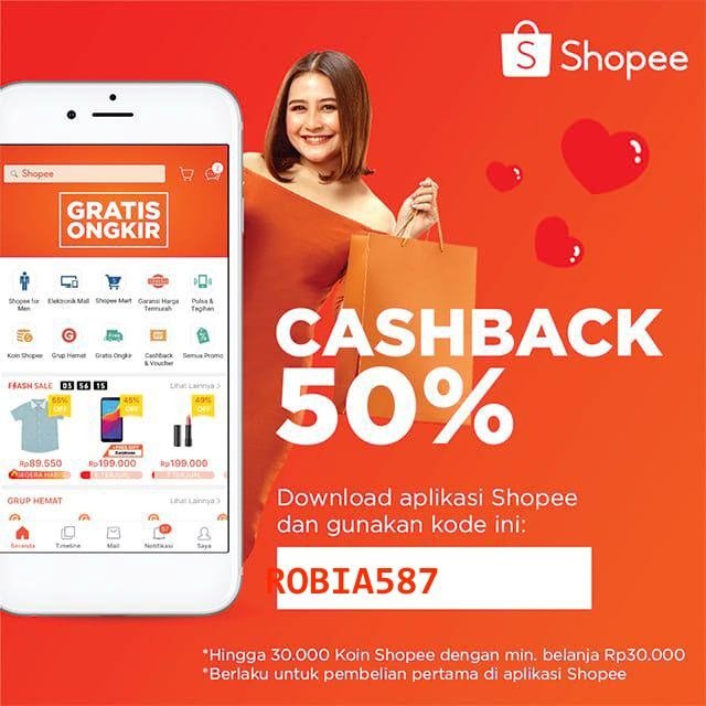 Dapatkan Cashback 50% untuk pembelian pertamamu dengan kode: ROBIA587. Yuk, download aplikasi Shopee sekarang dan nikmati belanja dengan gratis ongkir! shp.ee/d3ua55c